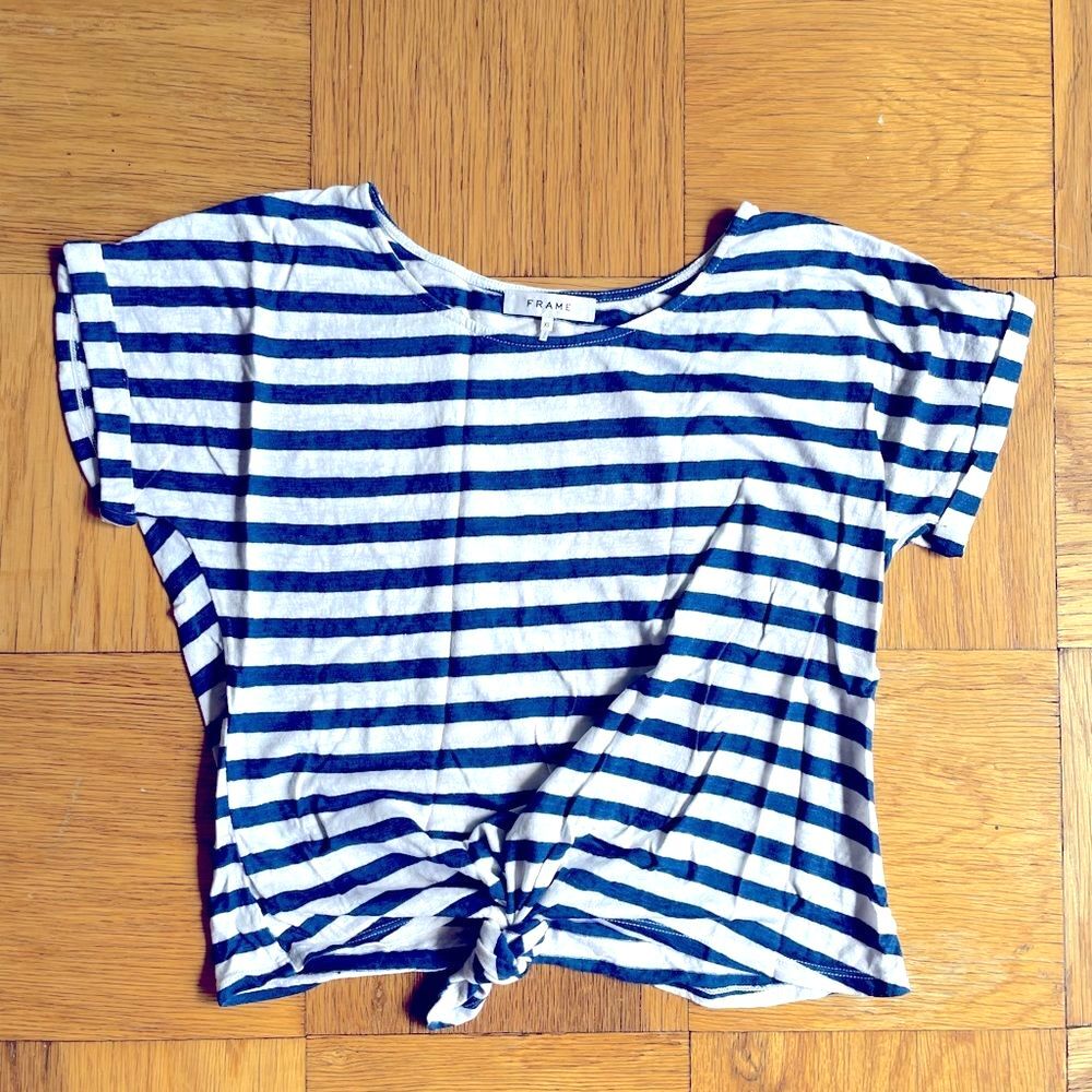 EUC $108 Frame Cotton/Linen Cropped Blue/White Striped T-shirt w/ Front Tie, XS